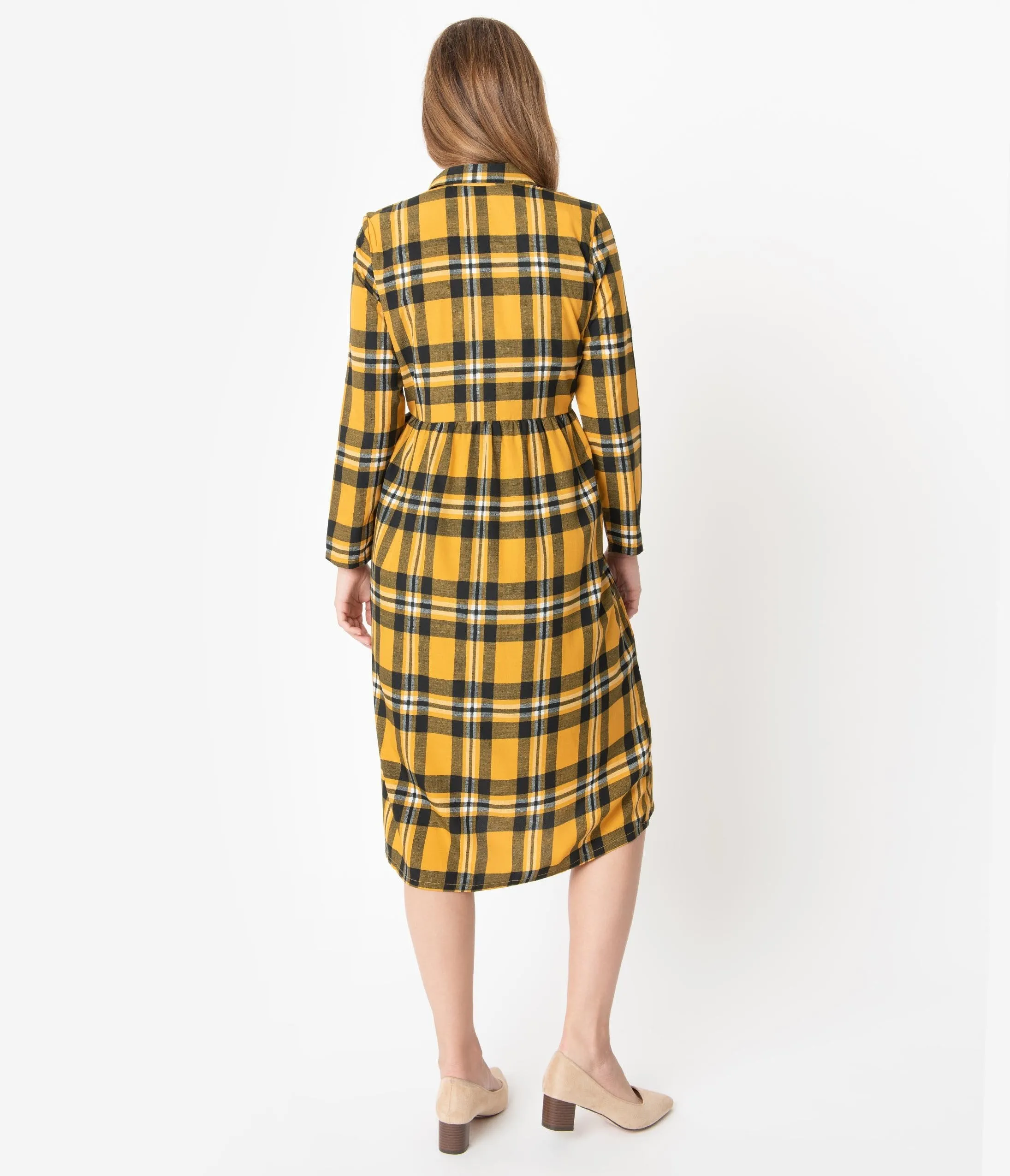 Retro Style Mustard & Black Plaid Sleeved Midi Dress