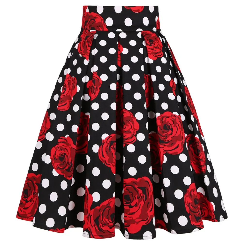 Retro Vintage Women Midi Skirts High Waist Cotton 3XL Plus Size Casual Streetwear Daily 60s Polka Dot Pinup Rockabilly Skater