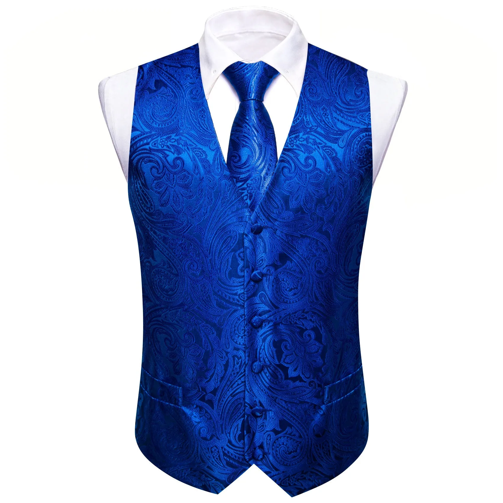 Royal Blue Formal Floral Jacquard  Men's Vest Tie Hanky Cufflinks Silk Set