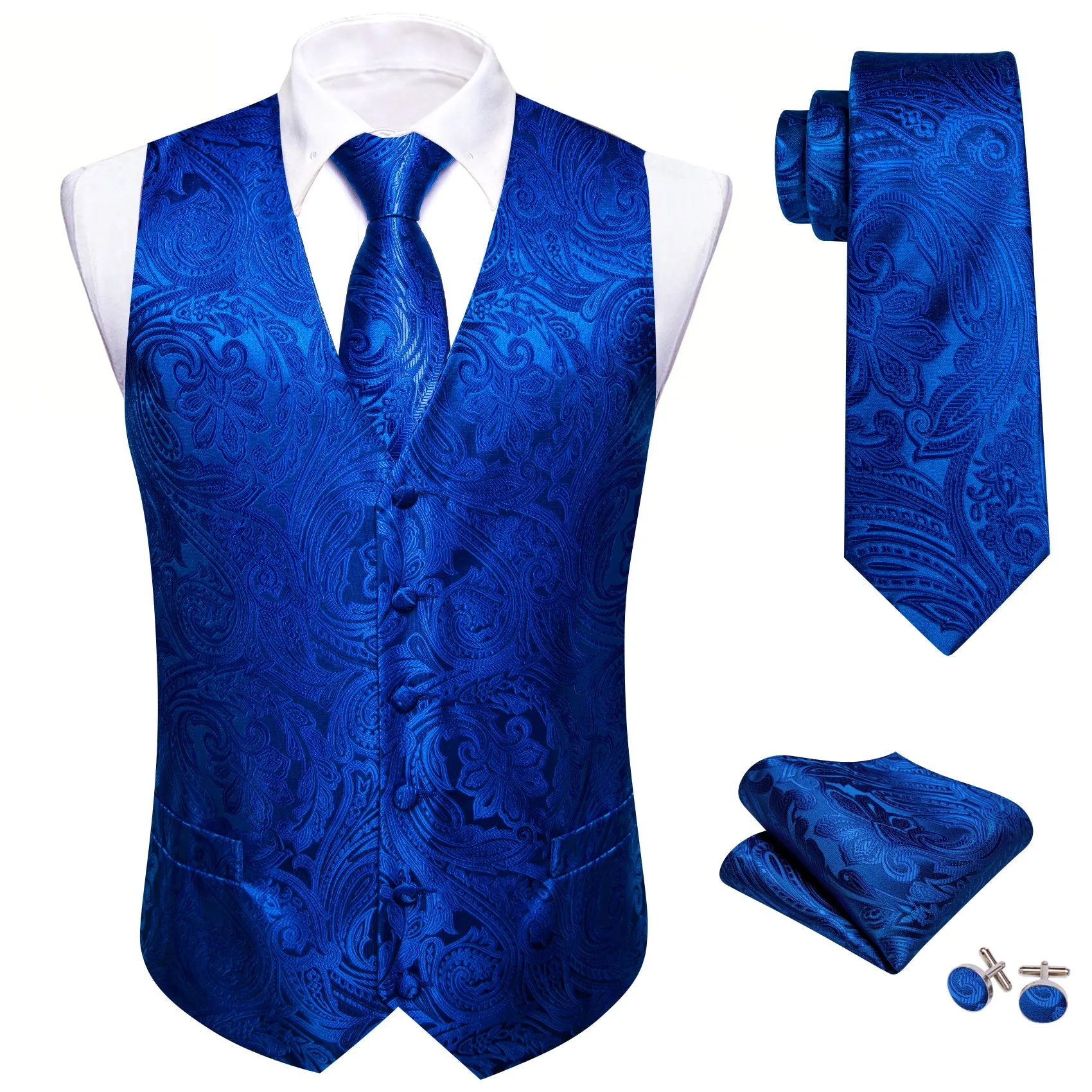 Royal Blue Formal Floral Jacquard  Men's Vest Tie Hanky Cufflinks Silk Set