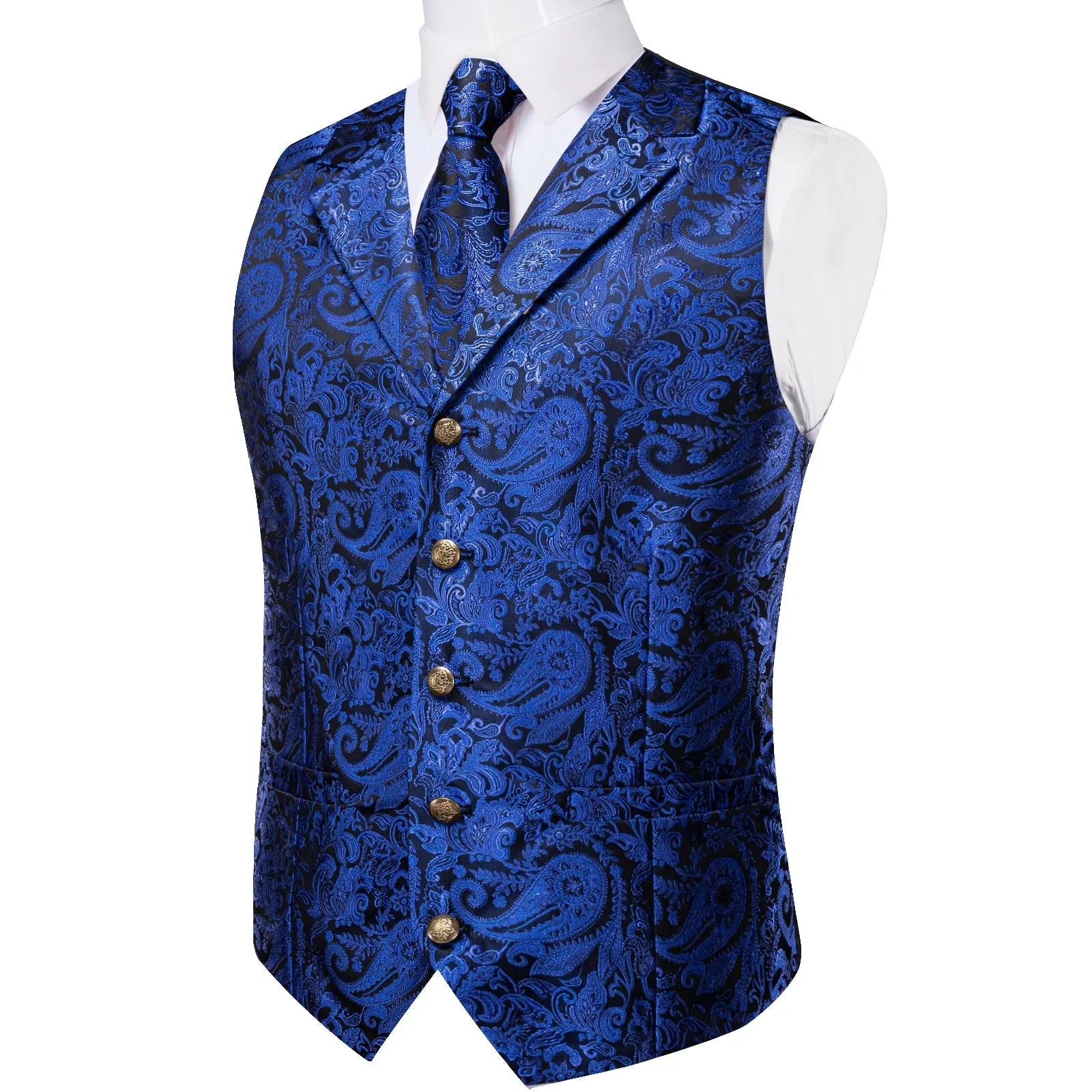 Royal Blue Luxury Paisley Jacquard Men's Collar Vest Tie Hanky Cufflinks Suit Set