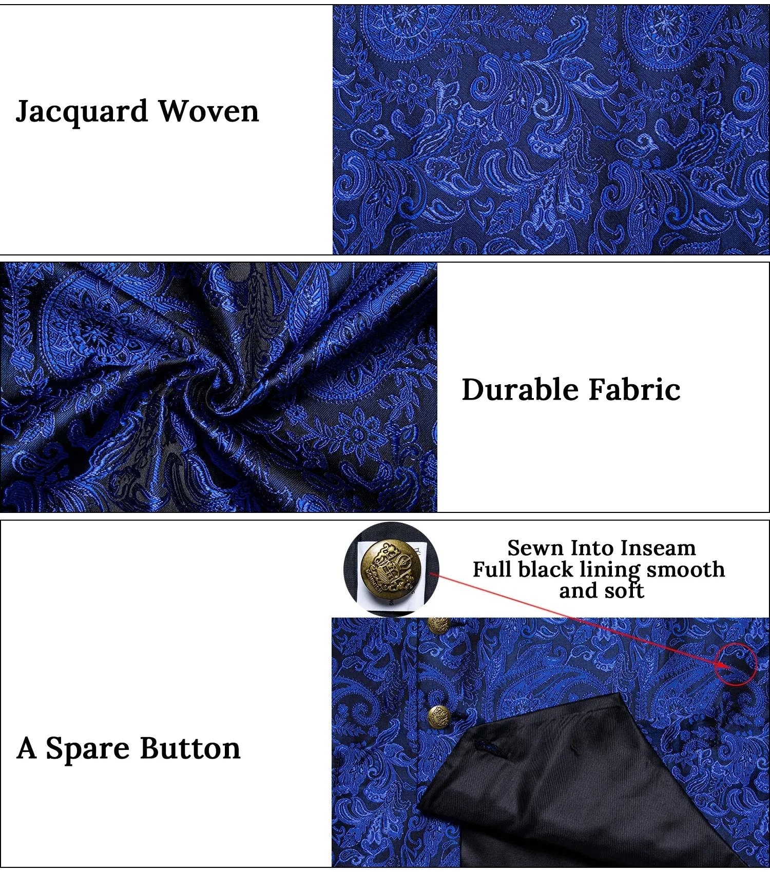 Royal Blue Luxury Paisley Jacquard Men's Collar Vest Tie Hanky Cufflinks Suit Set