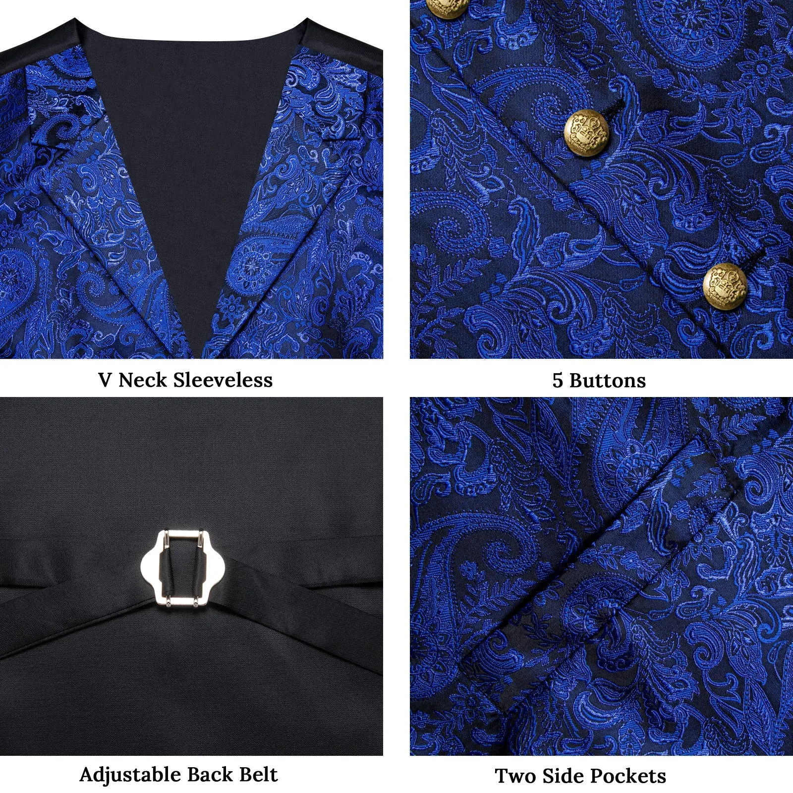 Royal Blue Luxury Paisley Jacquard Men's Collar Vest Tie Hanky Cufflinks Suit Set