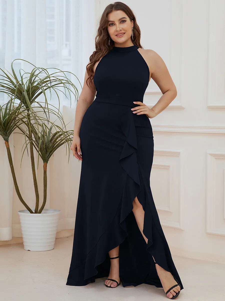 Ruffled Front Slit Cinched Waist High Neck Sleeveless Evening Dress