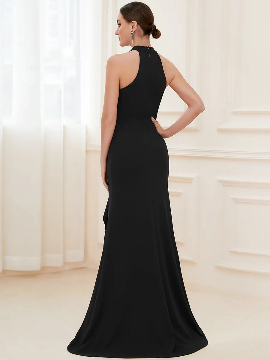 Ruffled Front Slit Cinched Waist High Neck Sleeveless Evening Dress