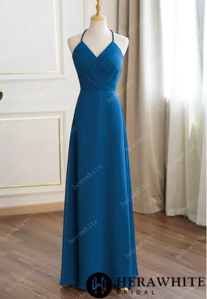 Rustic Blue Bridesmaid Dress Maxi Spring Summer Backless Halter Dress