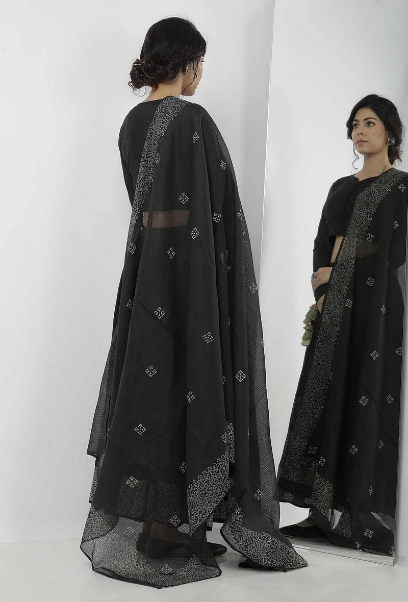 Set of 3: Kaani Black and White Hand-Block Printed Tasseled Kota Kali Skirt and Plain Black Full Sleeves Kota Blouse with Black and White Hand Block Printed Kota Dupatta