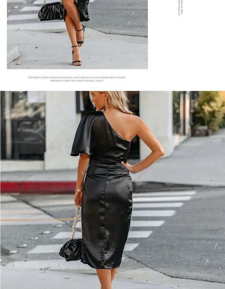 Sexy Diagonal Collar off-the-Shoulder Pleated Mid Length Long Length Hip Skirt