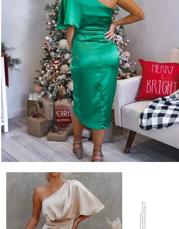 Sexy Diagonal Collar off-the-Shoulder Pleated Mid Length Long Length Hip Skirt