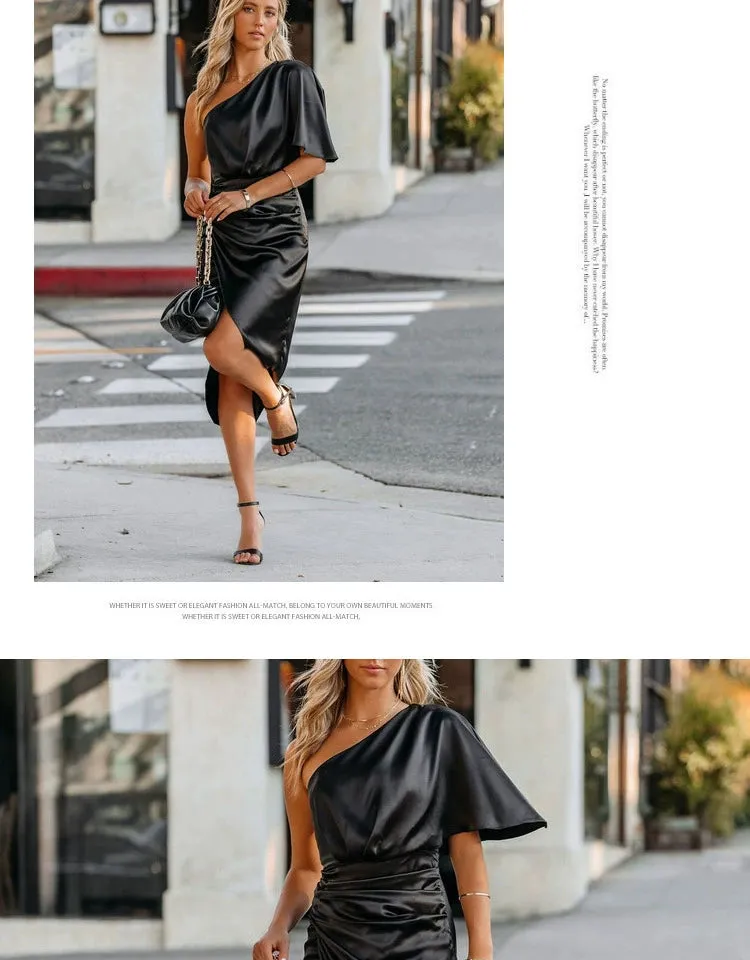 Sexy Diagonal Collar off-the-Shoulder Pleated Mid Length Long Length Hip Skirt