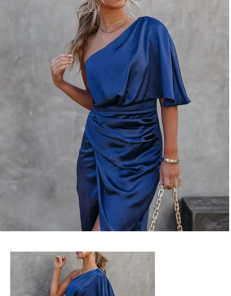 Sexy Diagonal Collar off-the-Shoulder Pleated Mid Length Long Length Hip Skirt