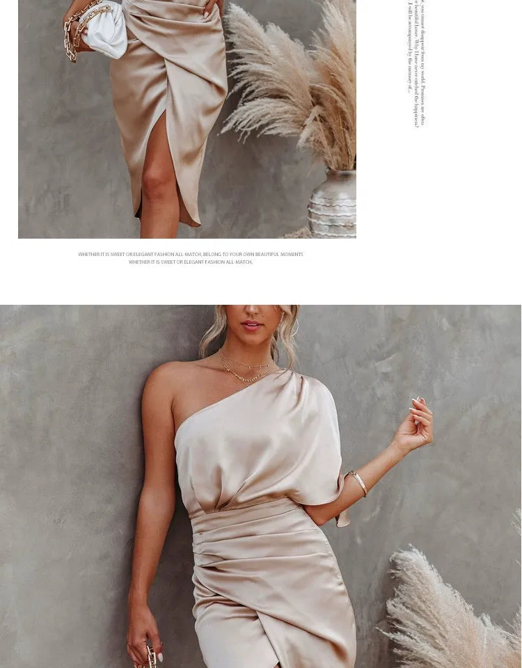 Sexy Diagonal Collar off-the-Shoulder Pleated Mid Length Long Length Hip Skirt