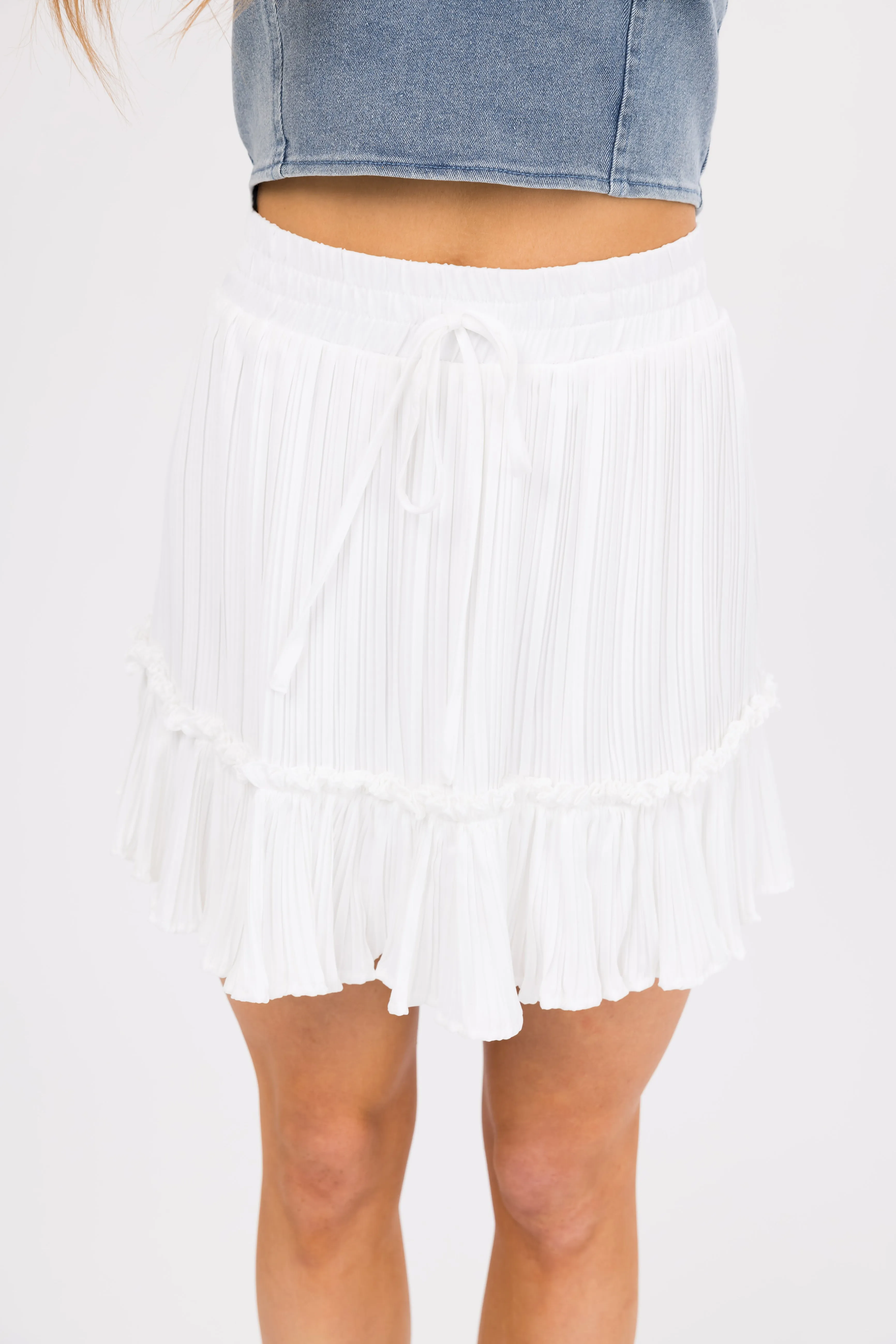 She Sky Off White Satin Pleated Ruffle Skirt