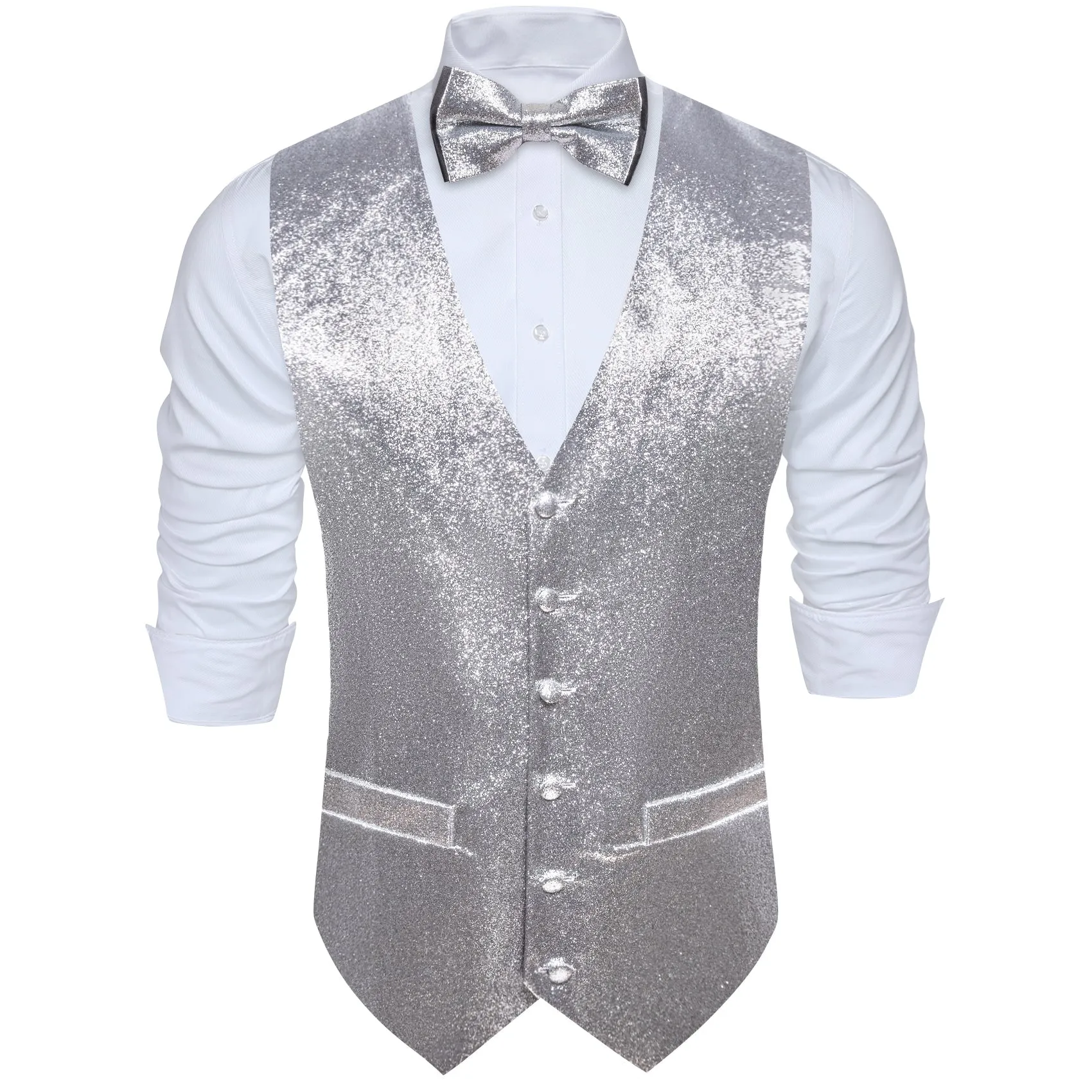 Shining Light Grey Glitter Solid Jacquard Silk Men's Vest Bow Tie Handkerchief Cufflinks Set Waistcoat Suit Set