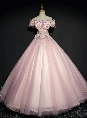 Shops Around The World Pink Ball Gown Tulle Appliques Off the Shoulder Short Sleeve Quinceanera Dress