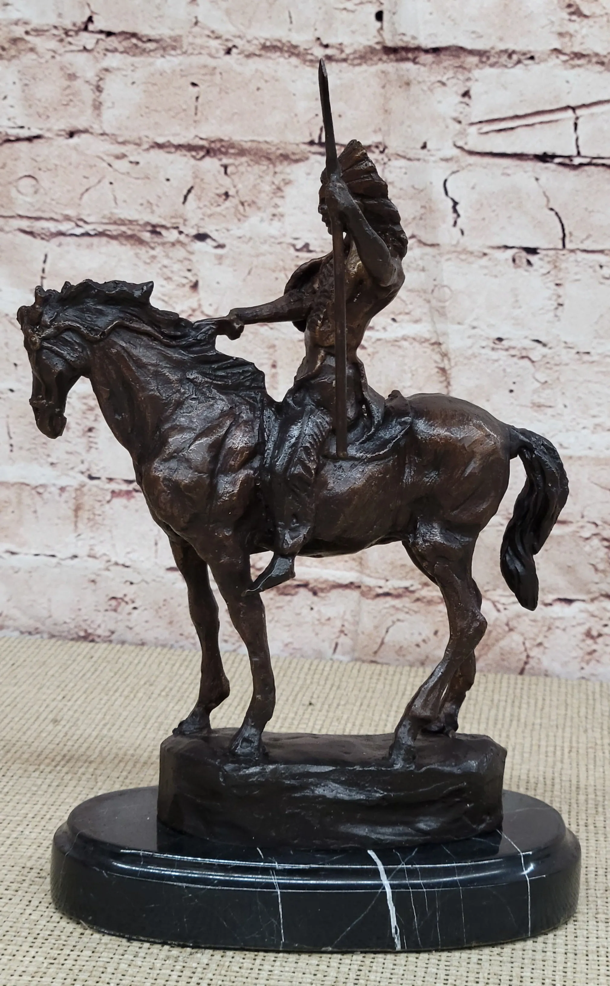 Signed Thomas Native American Indian Riding Horse Bronze Sculpture Statue Art