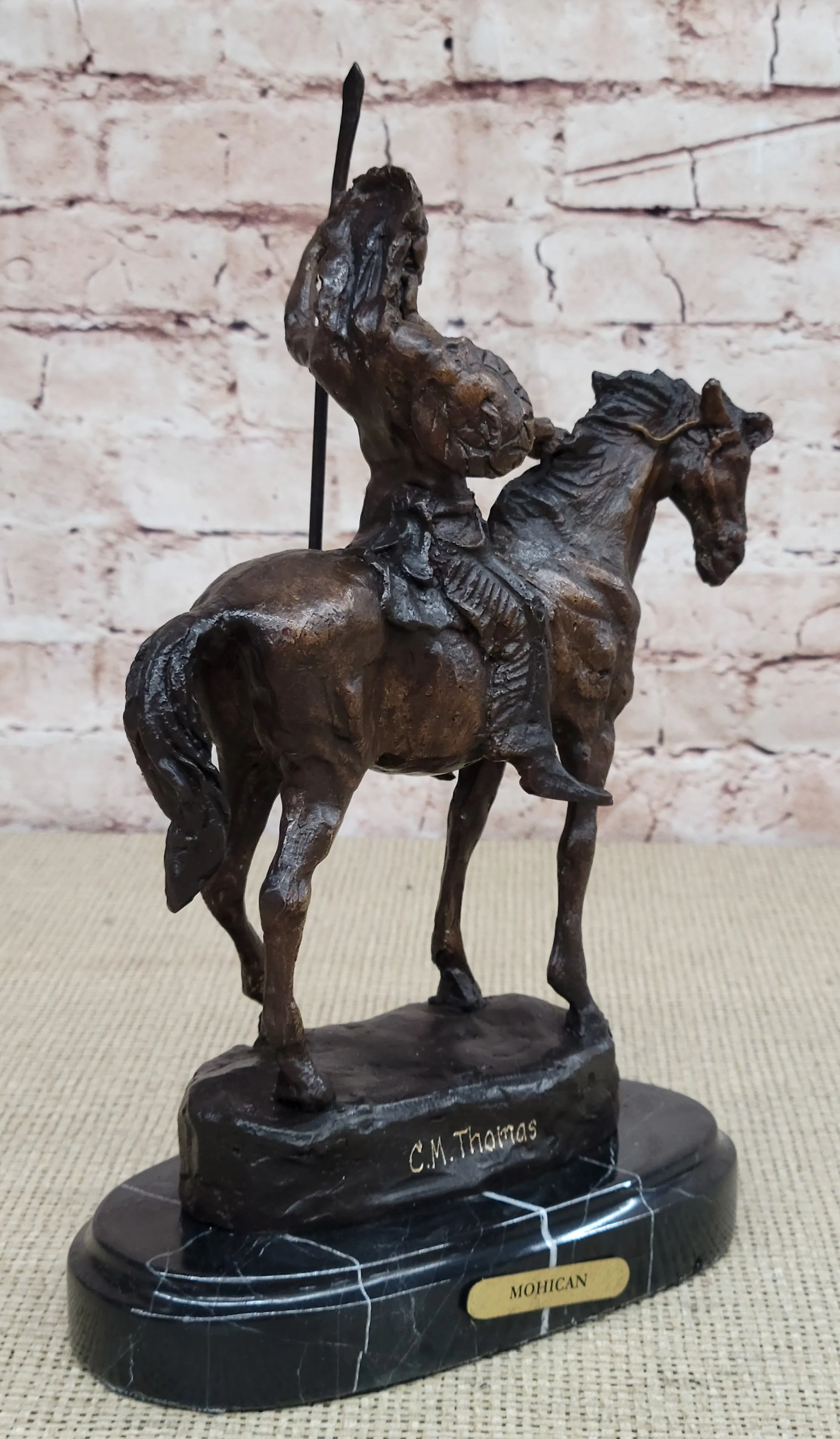 Signed Thomas Native American Indian Riding Horse Bronze Sculpture Statue Art