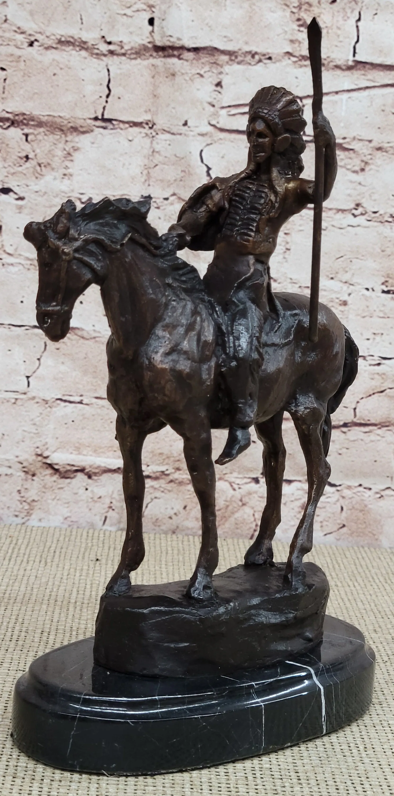 Signed Thomas Native American Indian Riding Horse Bronze Sculpture Statue Art