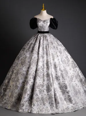 Silver Gray Ball Gown Black Velvet Short Sleeve Quinceanera Dress