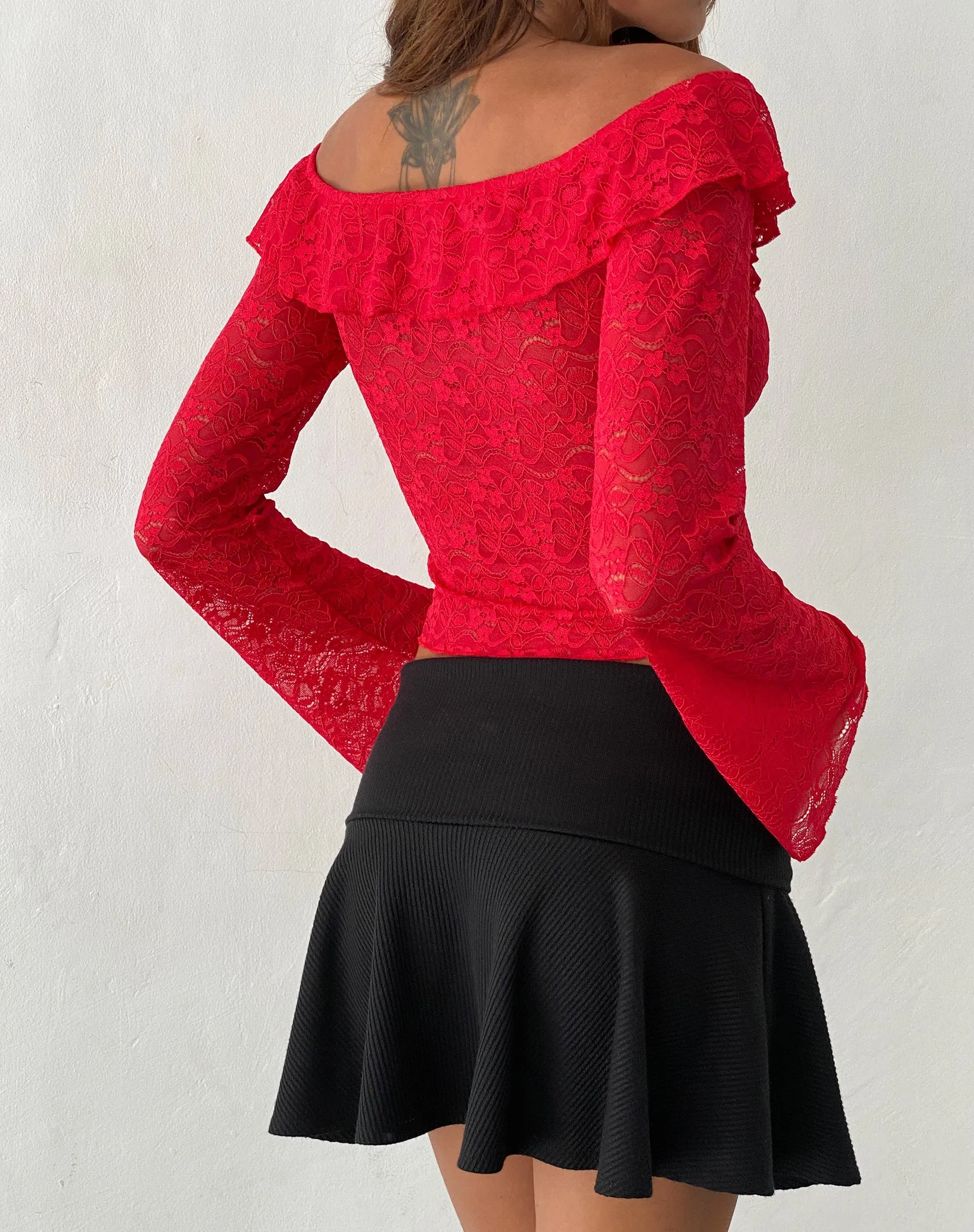 Soka Bardot Frill Top in Red Lace