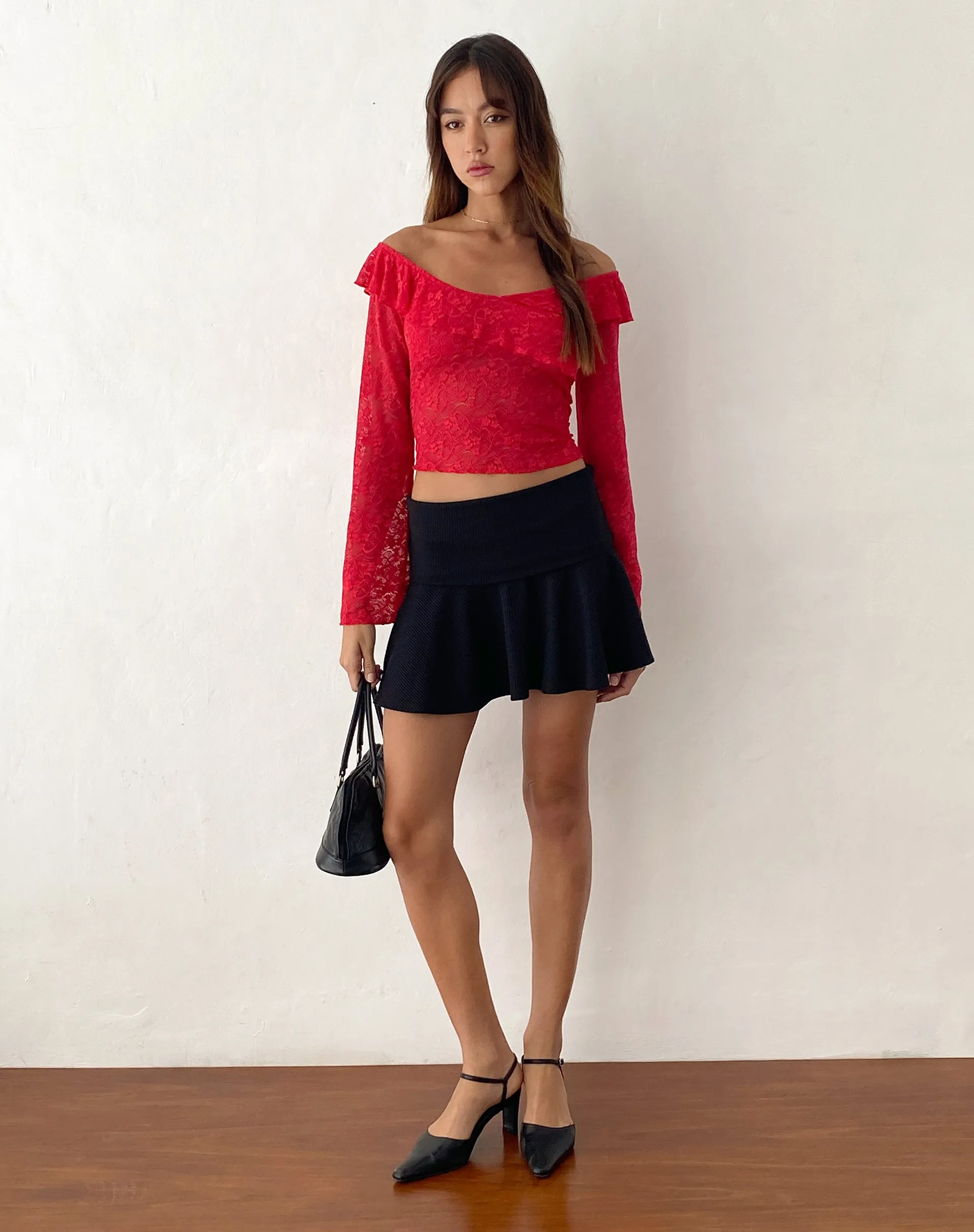 Soka Bardot Frill Top in Red Lace