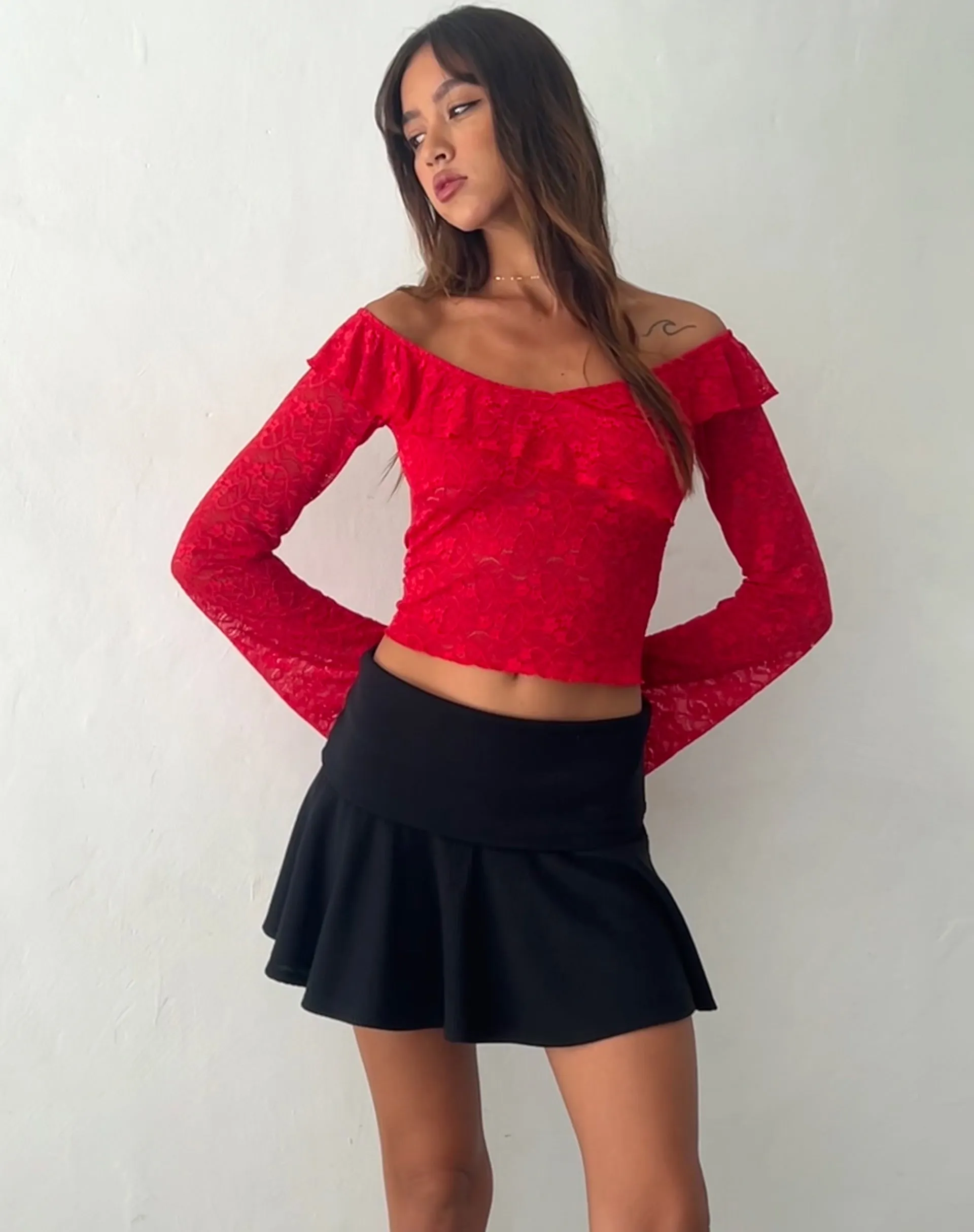 Soka Bardot Frill Top in Red Lace