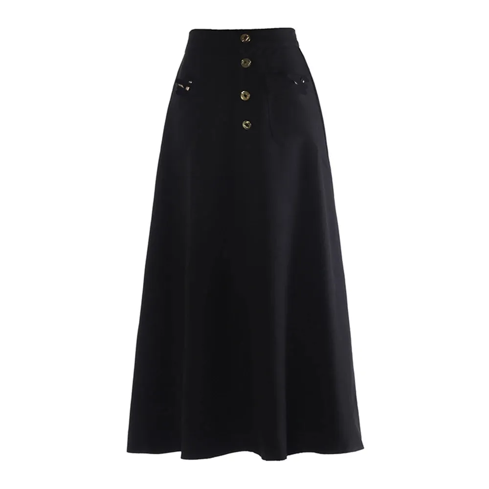 Solid Casual Patchwork Button Elegant Temperament Skirts For Women High Waist A Line  Skirt Female Fashion Clothing