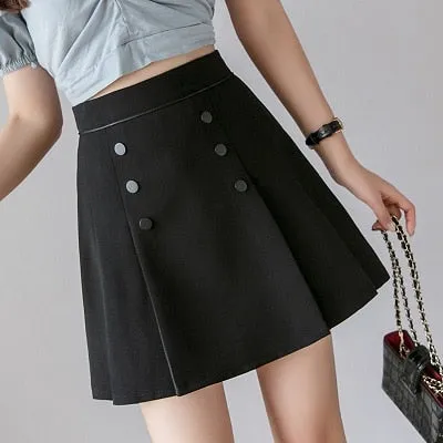 Summer A-line Ladies Pleated Mini Skirts Women High Waisted Double Button Breasted Jupe Femme Slim Black Casual Skirt