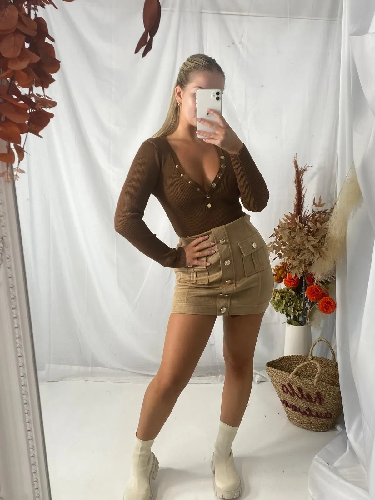 Tan Suedette Mini  Skirt Suedette Skirt with Pockets Tan Suedette Mini Skirt