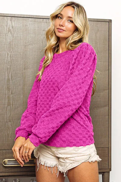 TEEK - Magenta Round Neck Brushed Checker Top