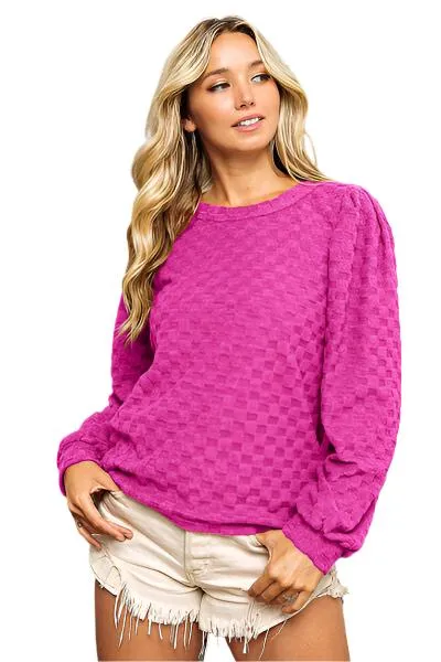 TEEK - Magenta Round Neck Brushed Checker Top