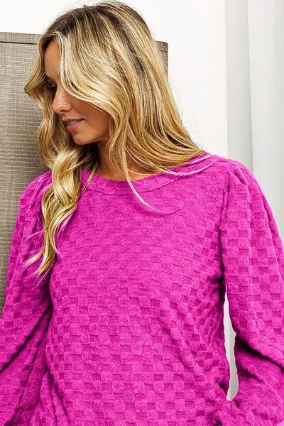 TEEK - Magenta Round Neck Brushed Checker Top