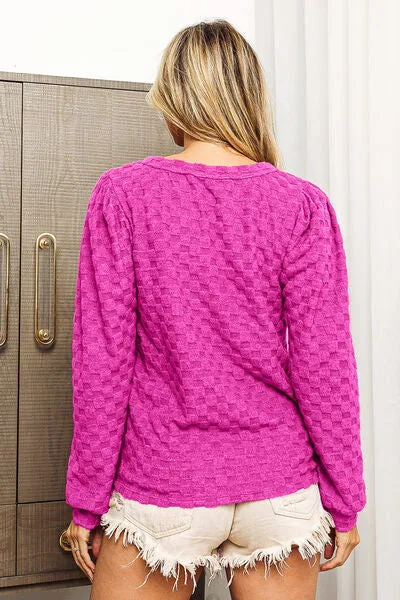 TEEK - Magenta Round Neck Brushed Checker Top