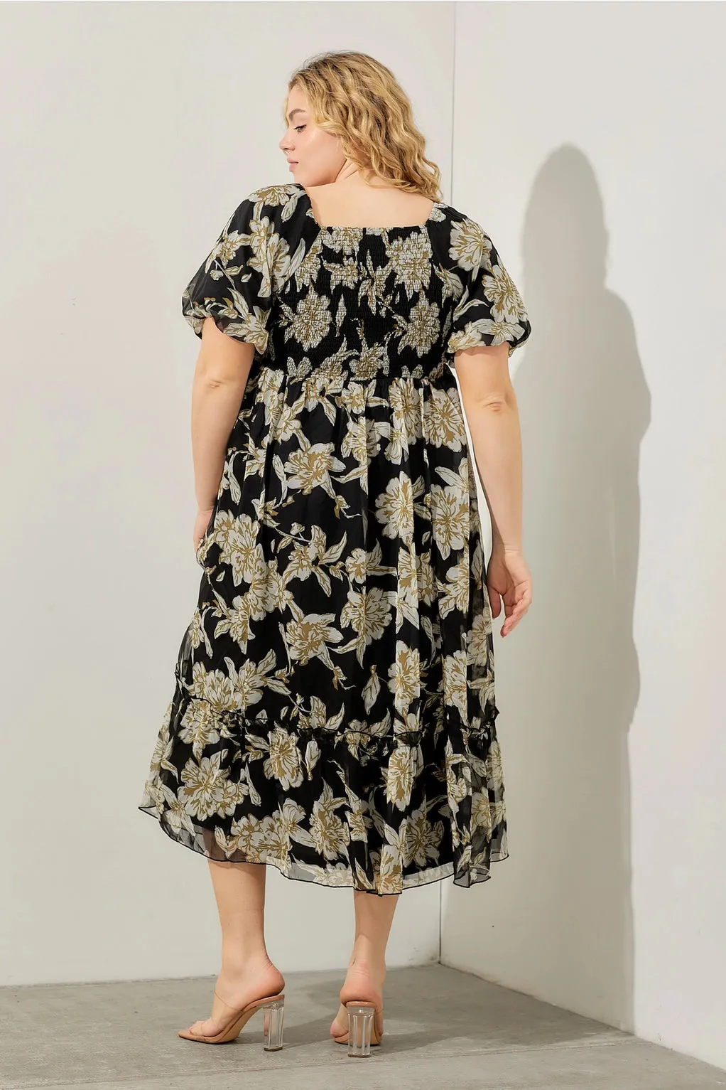 The Fiona Bubble Sleeve Floral Maxi Dress - Black - PLUS