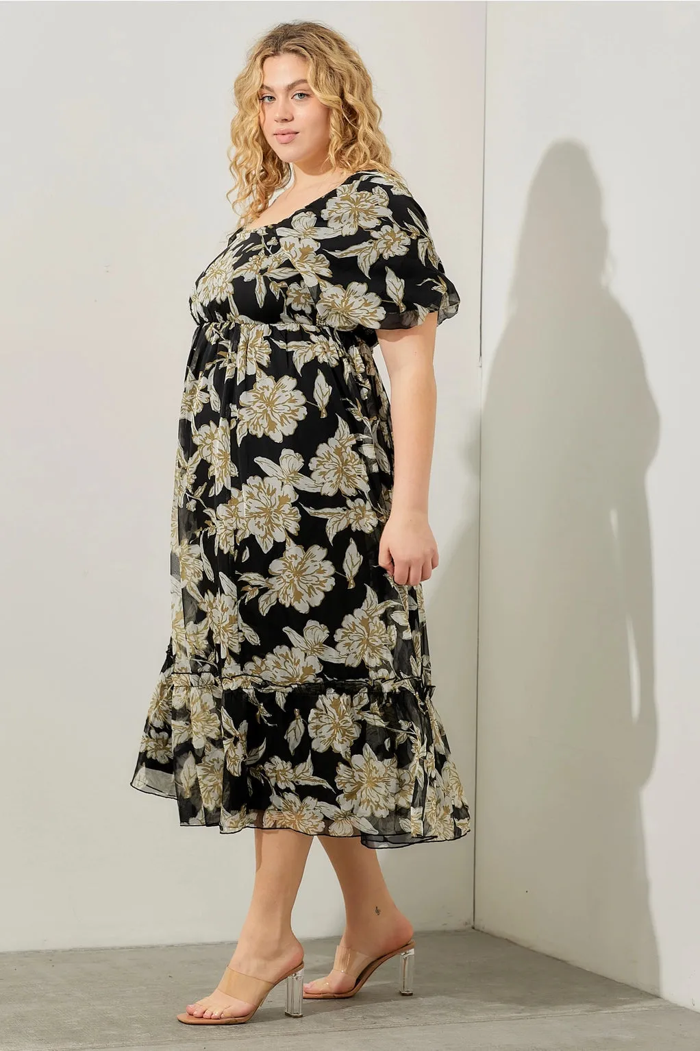 The Fiona Bubble Sleeve Floral Maxi Dress - Black - PLUS