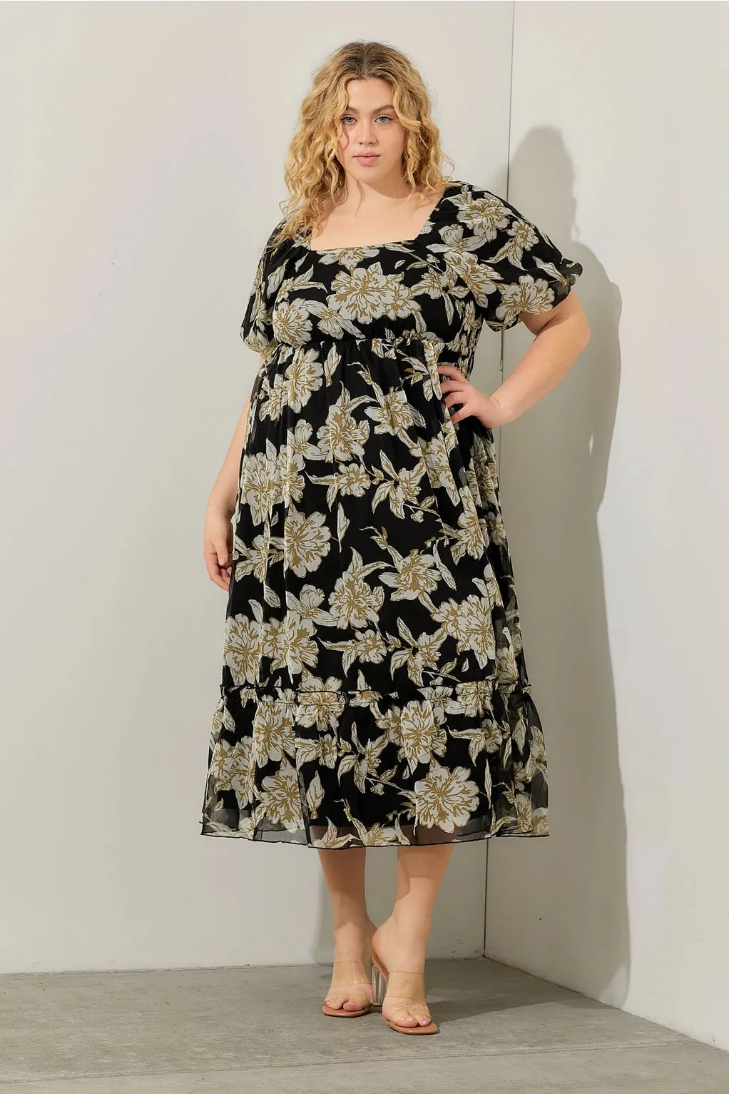 The Fiona Bubble Sleeve Floral Maxi Dress - Black - PLUS