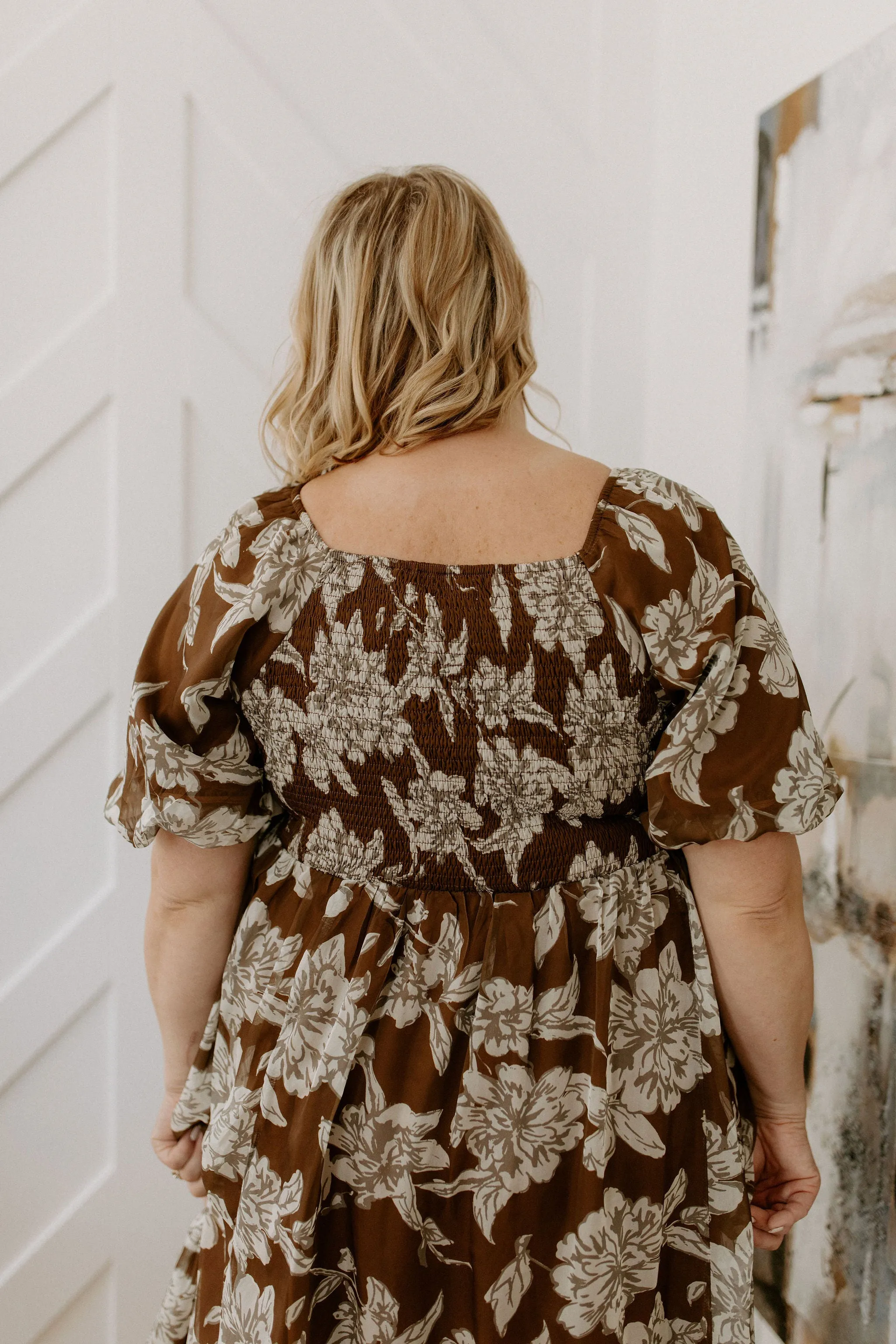 The Fiona Bubble Sleeve Floral Maxi Dress - Brown - PLUS