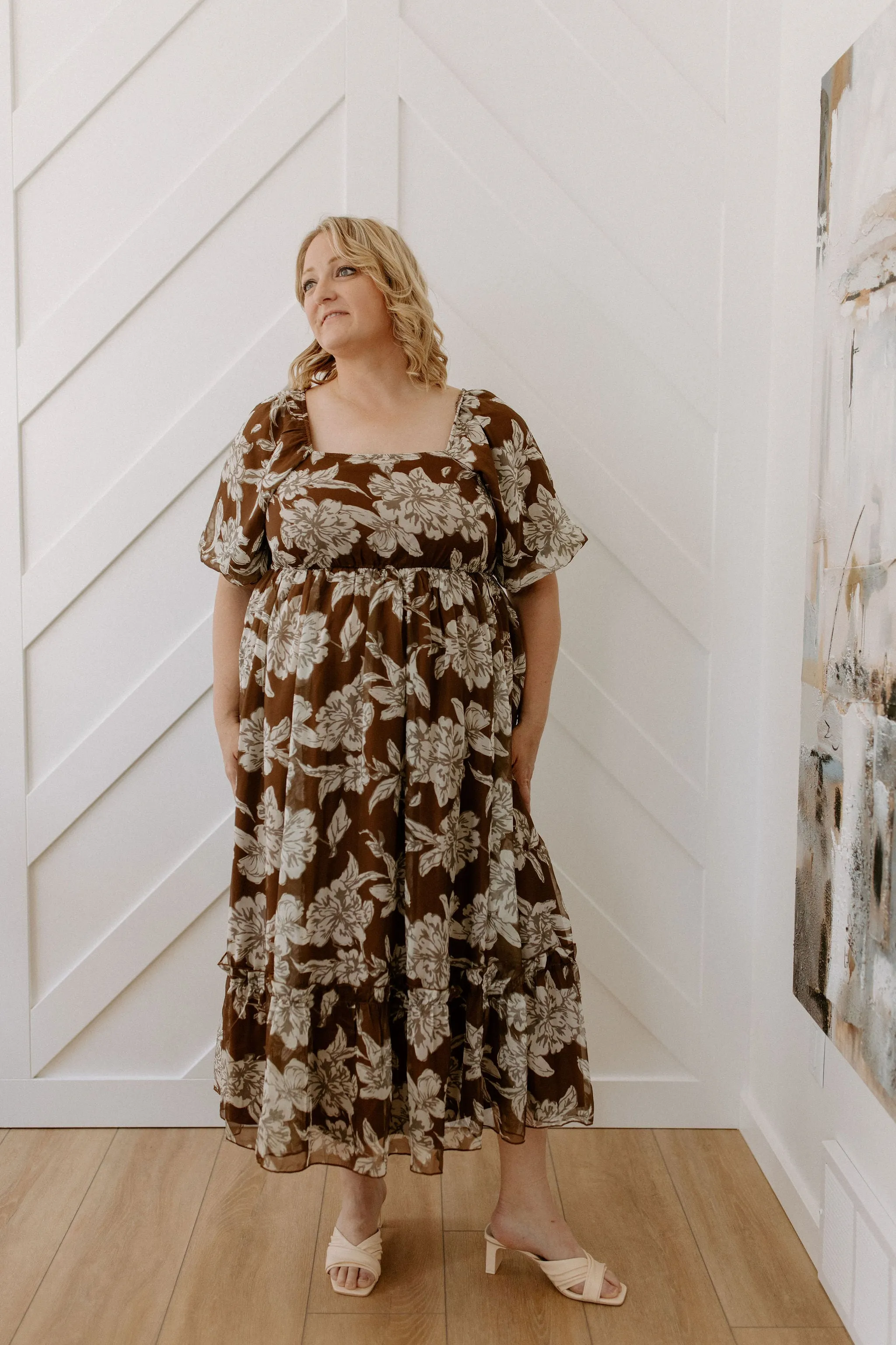 The Fiona Bubble Sleeve Floral Maxi Dress - Brown - PLUS