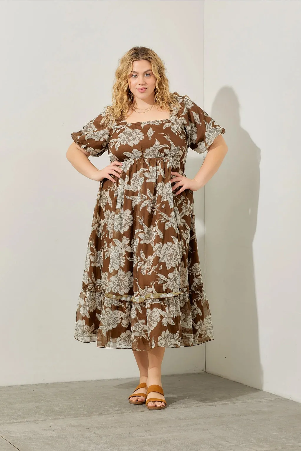 The Fiona Bubble Sleeve Floral Maxi Dress - Brown - PLUS