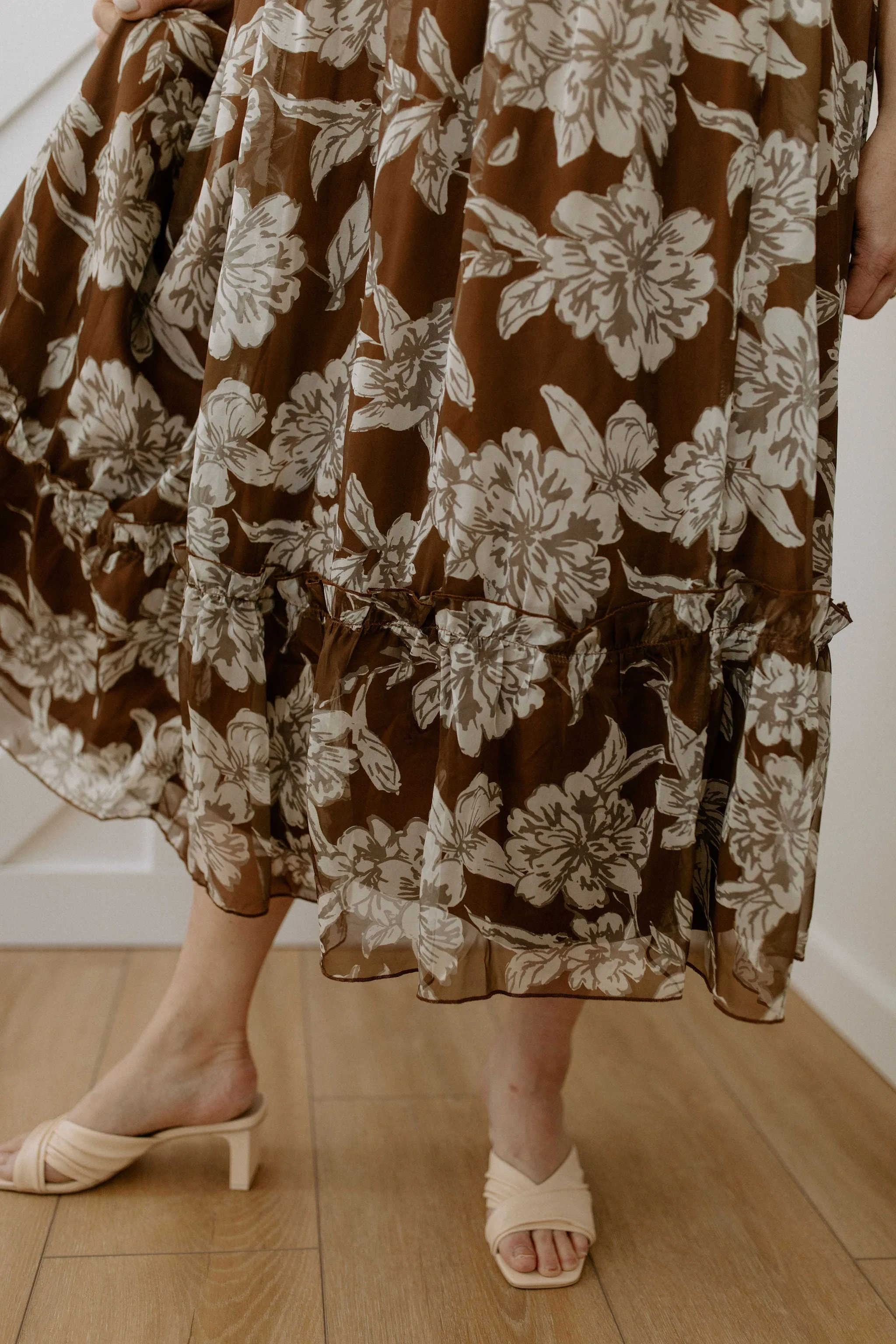 The Fiona Bubble Sleeve Floral Maxi Dress - Brown - PLUS