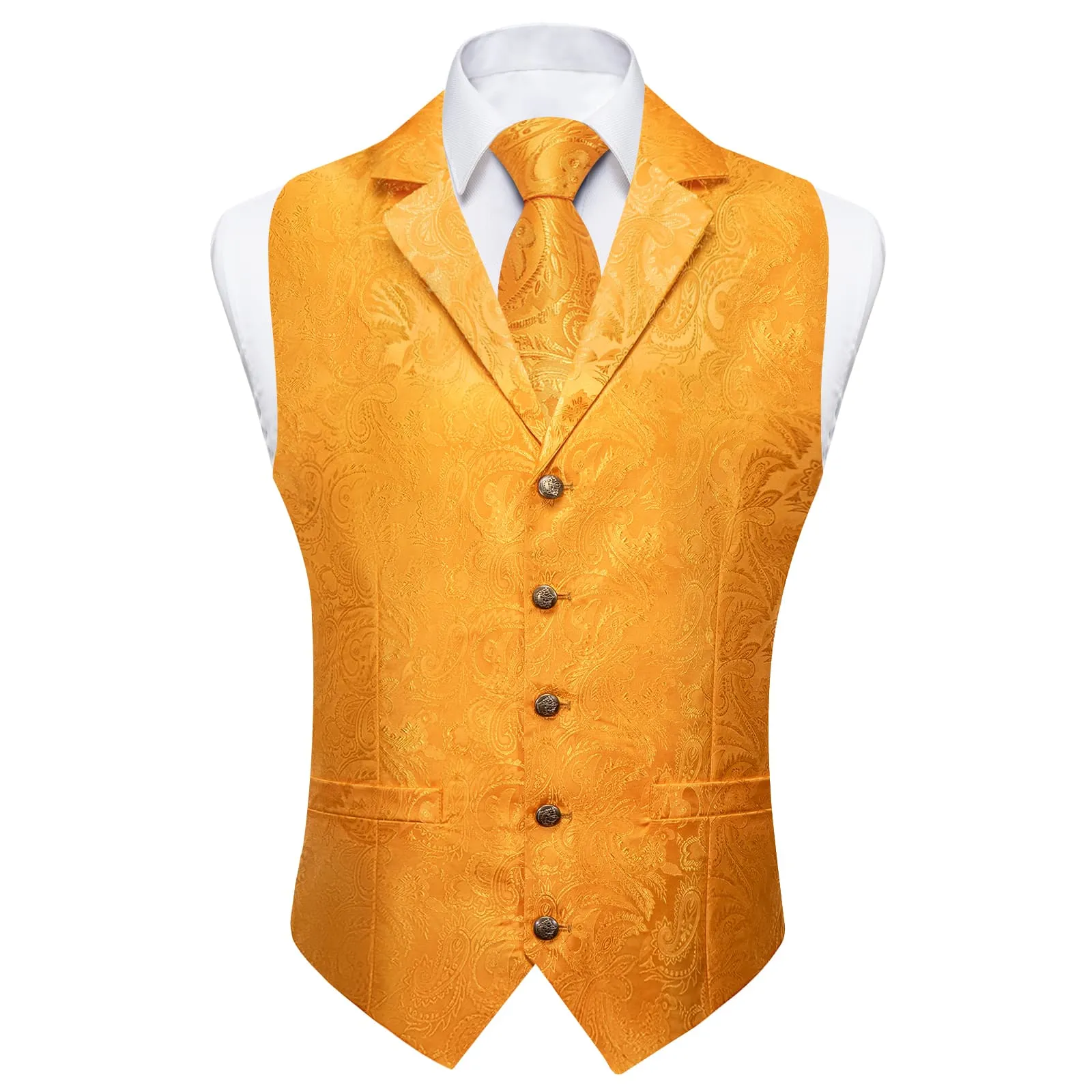 Ties2you Dress Vest Carrot Orange Paisley Notched Collar Silk Mens Waistcoat Tie Set