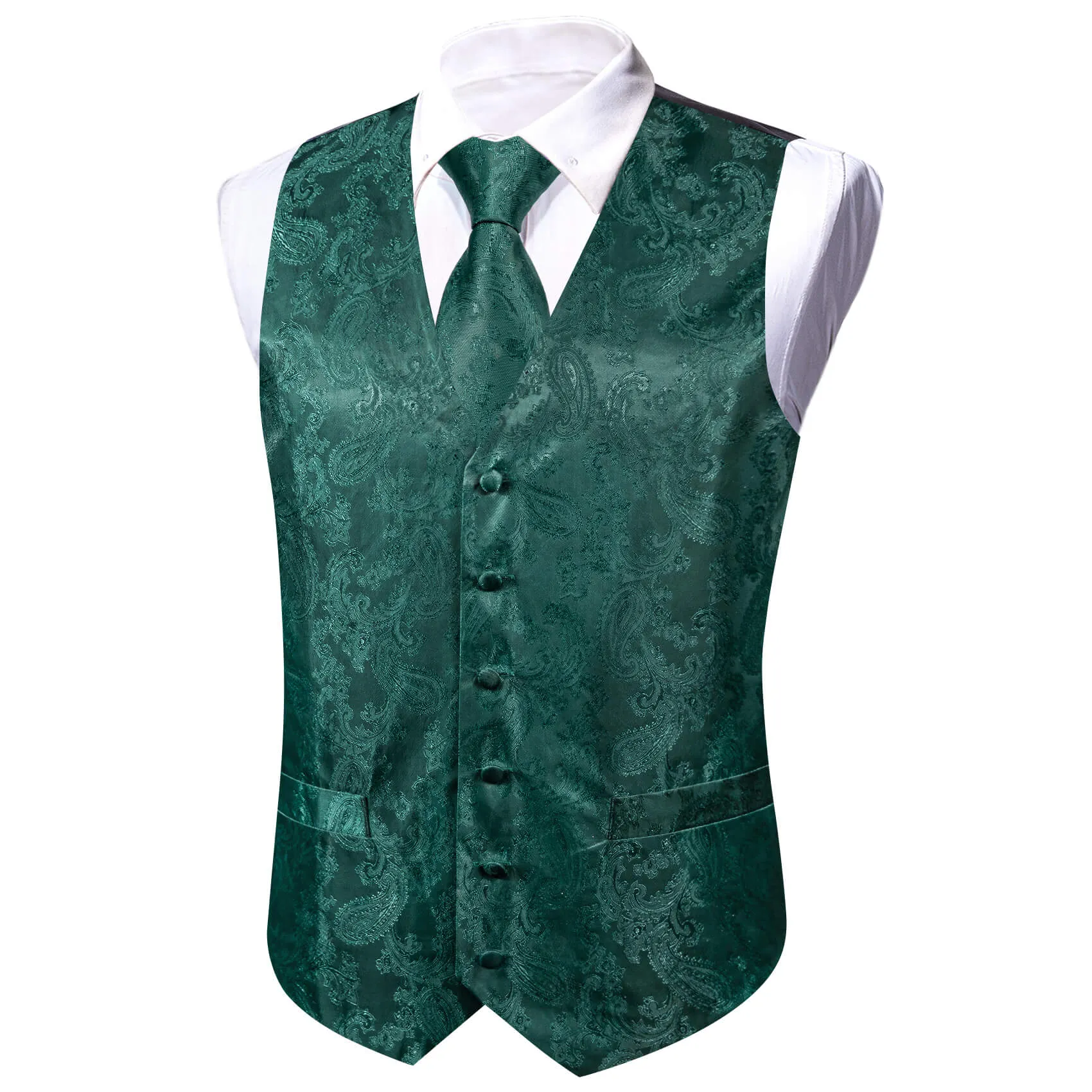 Ties2you Men's Vest Light Sapphire Pine Green Paisley Silk Vest Tie Bow Tie Set 5PC