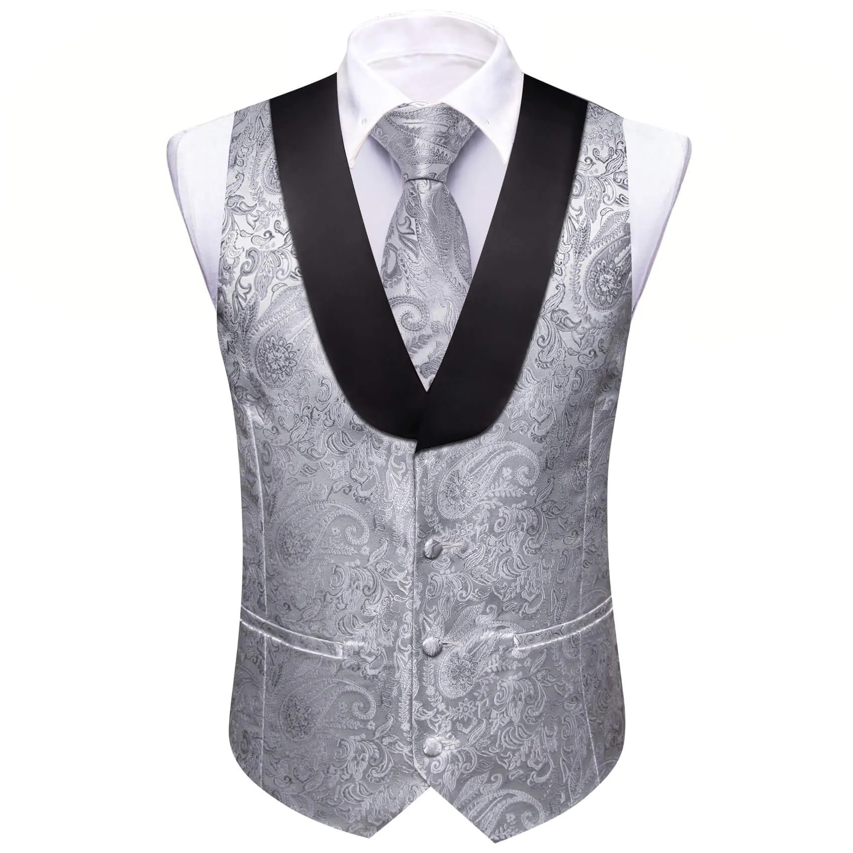 Ties2you Men's Vest Silver Grey Paisley Shawl Collar Vest Silk Tie Hanky Cufflinks Set