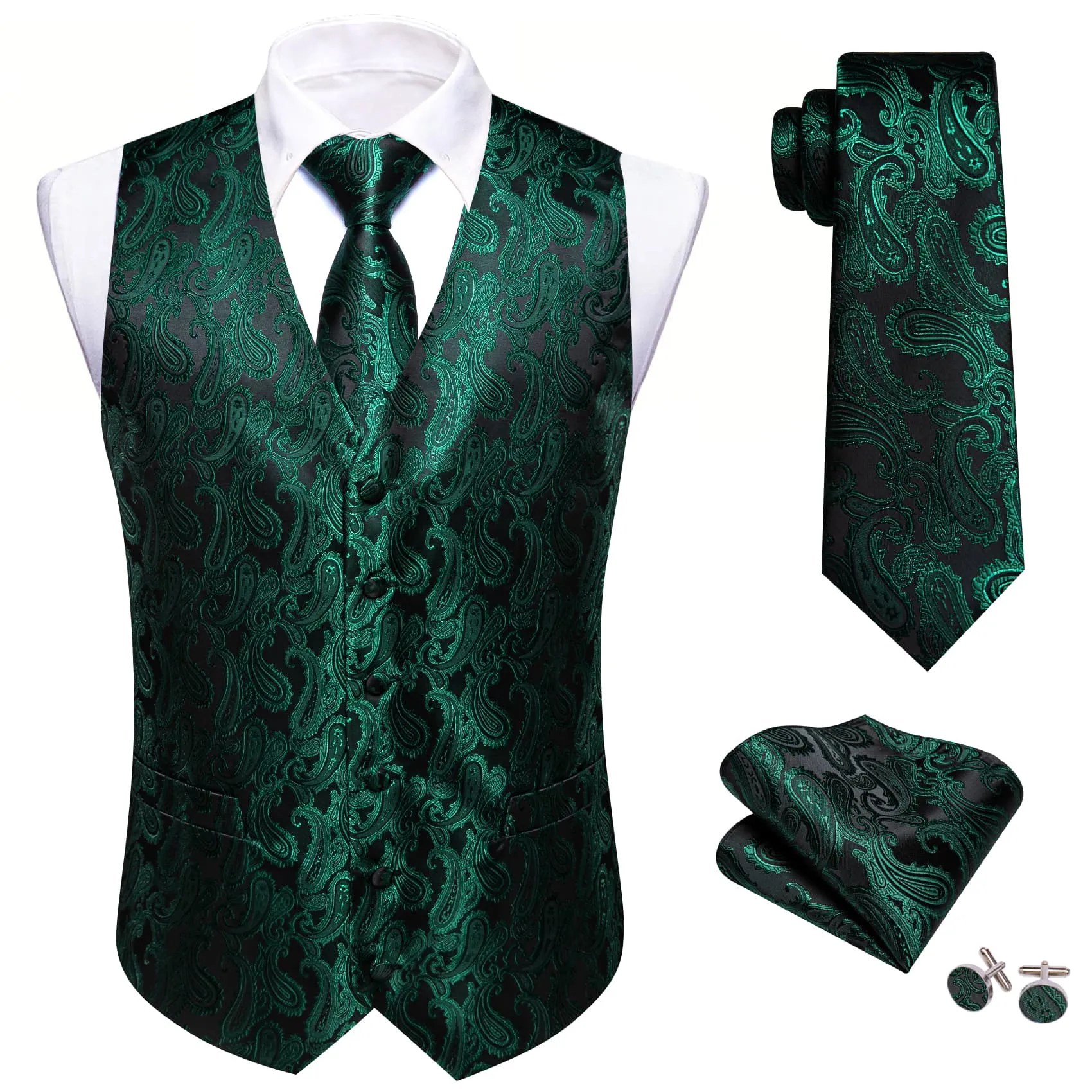 Ties2you Mens Vest Top Sapphire Pine Green Paisley Silk Dress Vest Tie Pocket Square Cufflinks Set