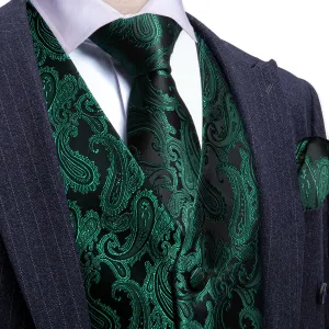 Ties2you Mens Vest Top Sapphire Pine Green Paisley Silk Dress Vest Tie Pocket Square Cufflinks Set