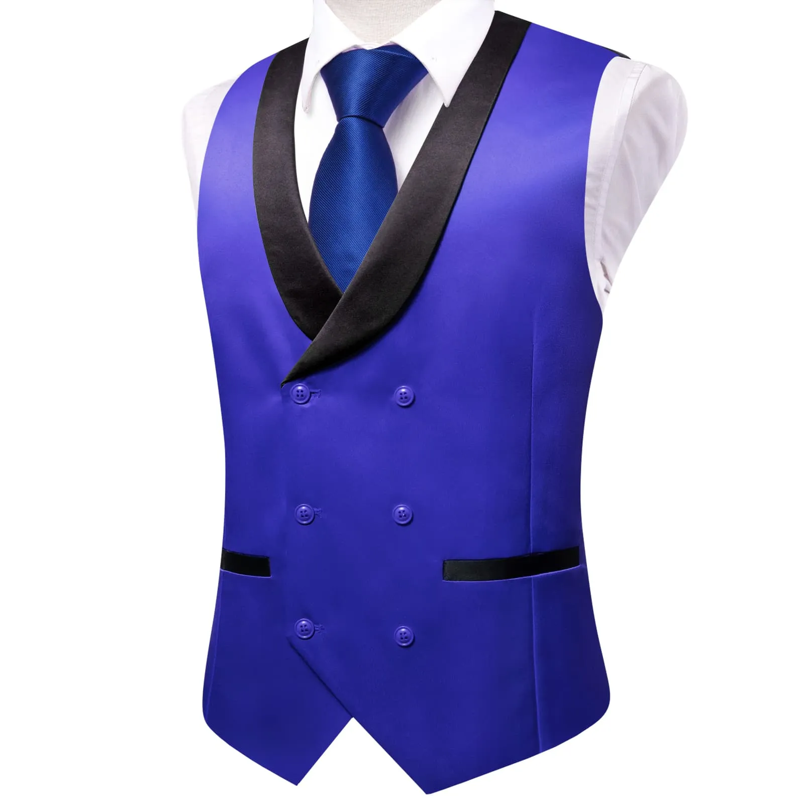 Ties2you Tuxedo Vest Persian Blue Solid Shawl Collar Silk Mens Double Breasted Vest Top