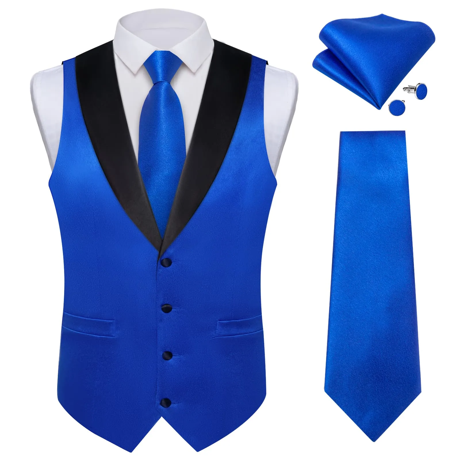 Ties2you Work Vest Cobalt Blue Solid Shawl Collar Silk Dress Vest Tie Set for Business