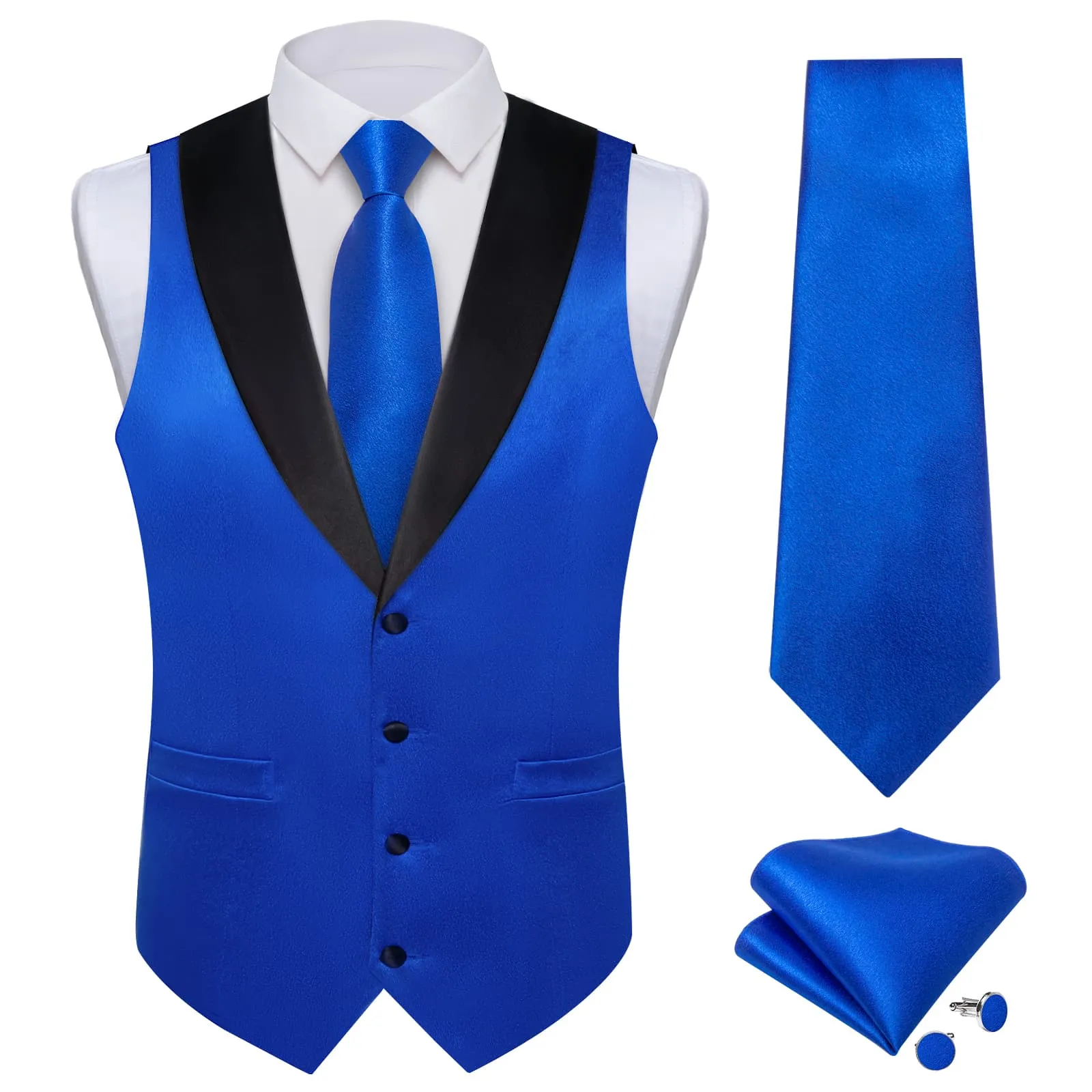 Ties2you Work Vest Cobalt Blue Solid Shawl Collar Silk Dress Vest Tie Set for Business