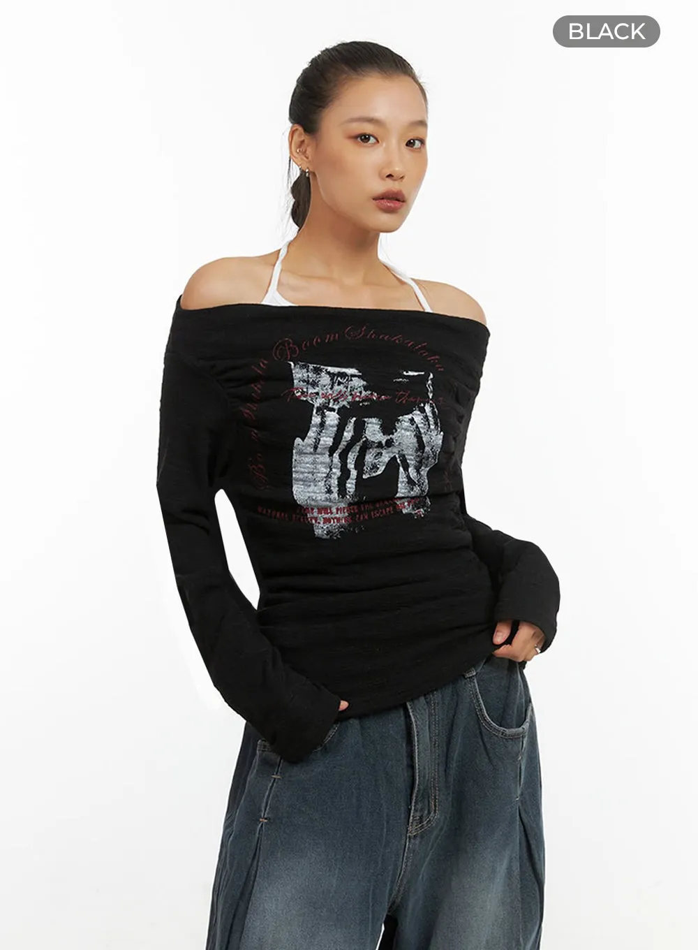 Trendy Off Shoulder Graphic Print Top IO409