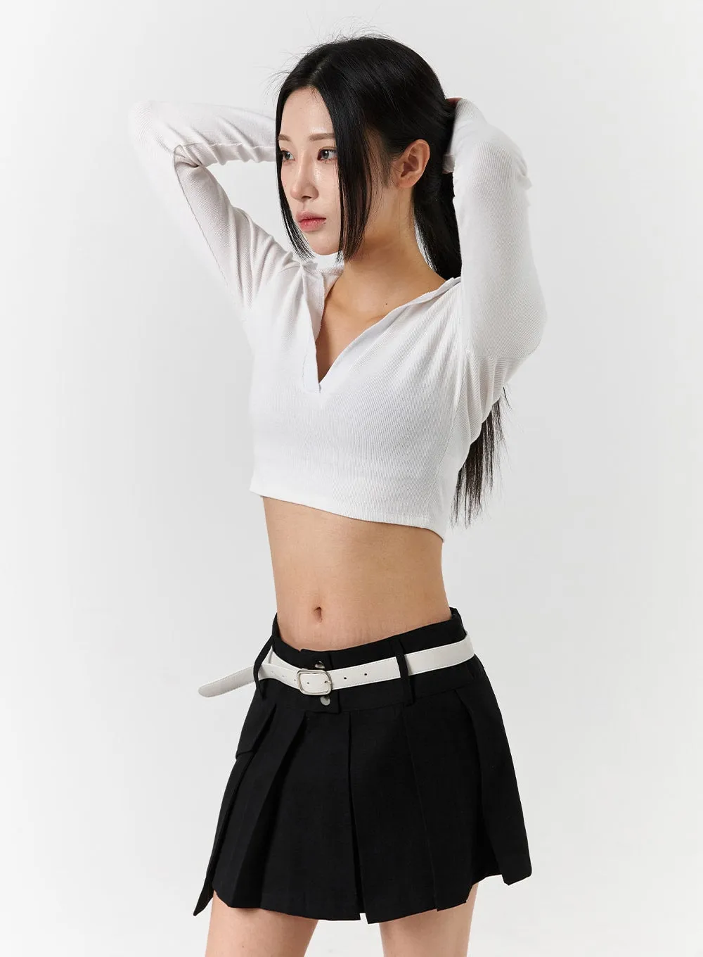 V-Neck Collar Long Sleeve Crop Tee CD322